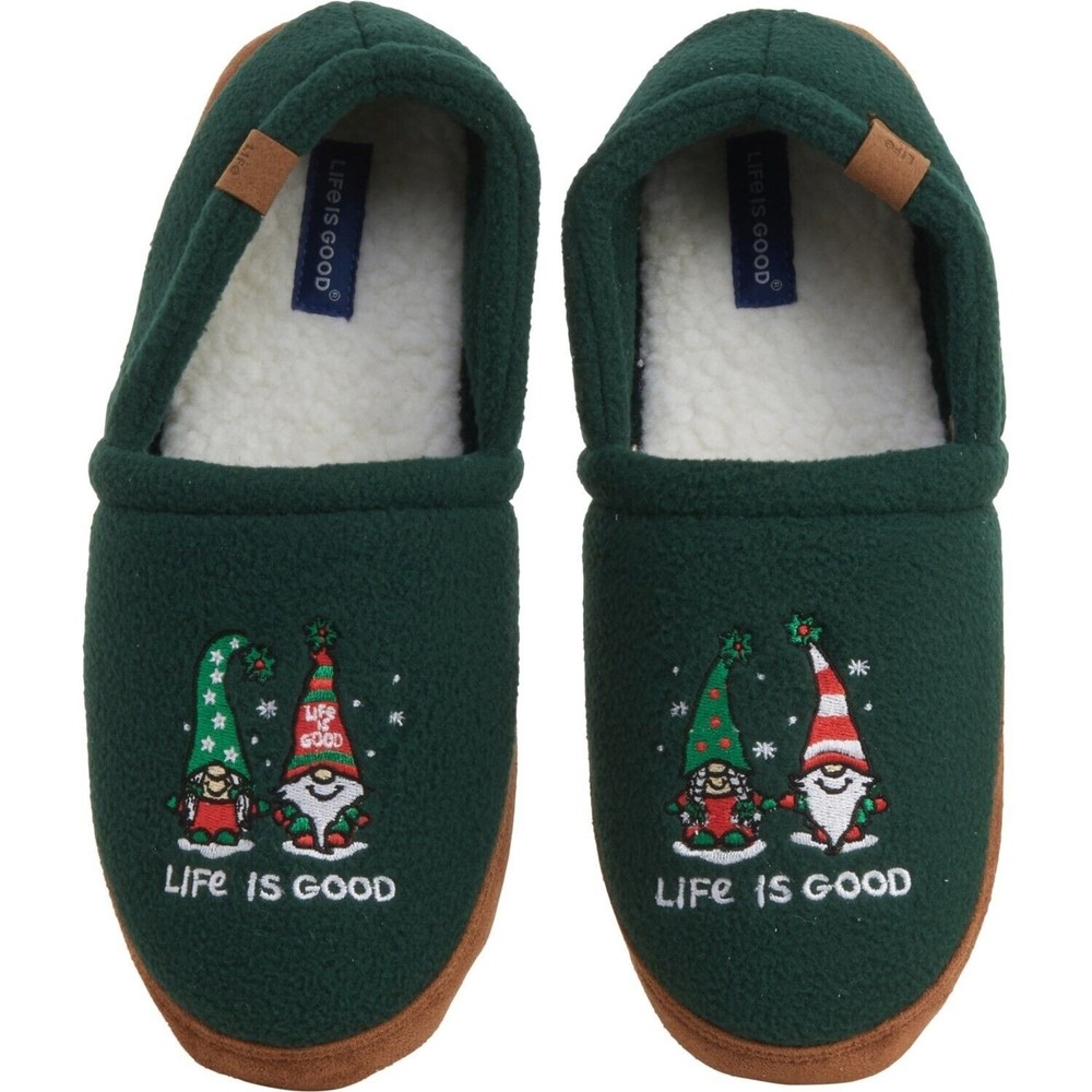 LIFE IS GOOD Christmas Gnomes Mens Fleece A-Line Slippers Sz 11 Green New No Box